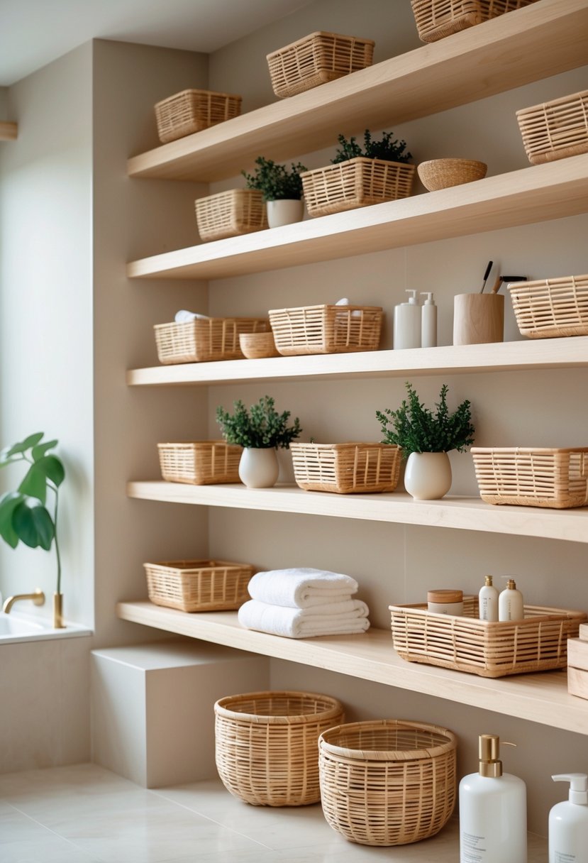 A bright bathroom with open wooden shelves holding bamboo baskets and neatly arranged towels and accessories.