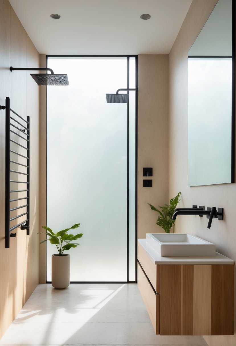 A modern bathroom with matte black fixtures, wooden vanity, white sink, and natural light coming through a window.