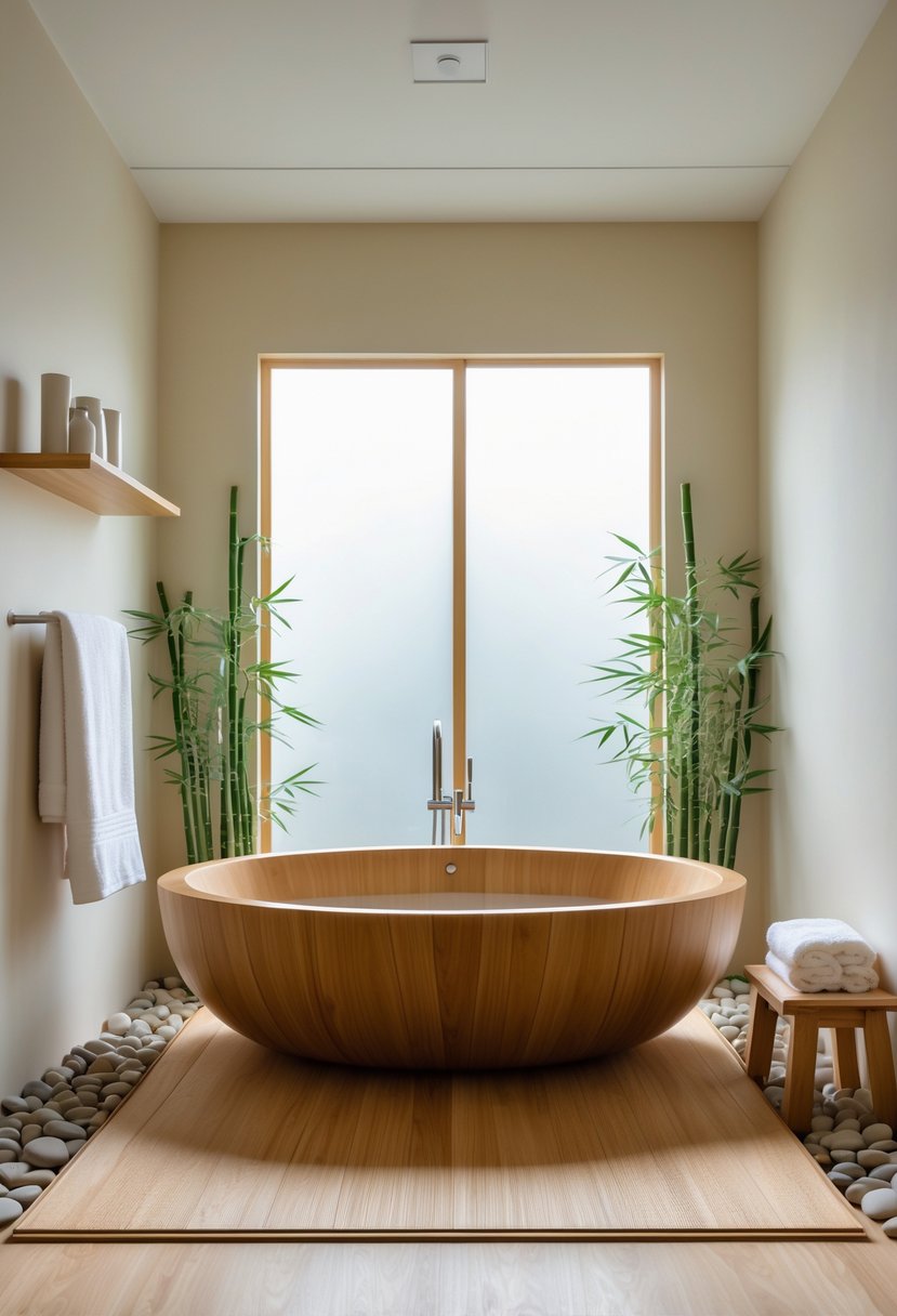 A wooden bathtub in a bright bathroom with natural light, plants, and simple wooden shelves holding towels and containers.