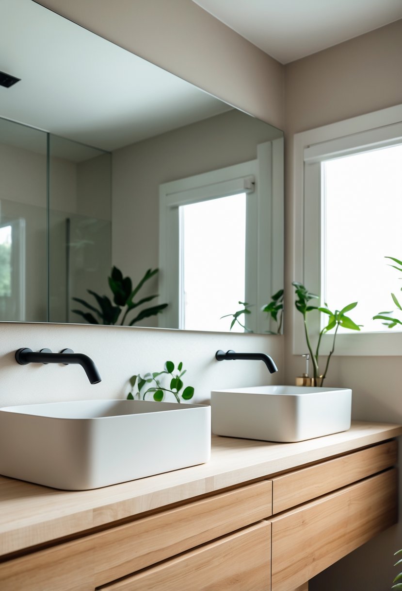 A bathroom with two matte ceramic sinks on a wooden vanity, a large mirror, and green plants.