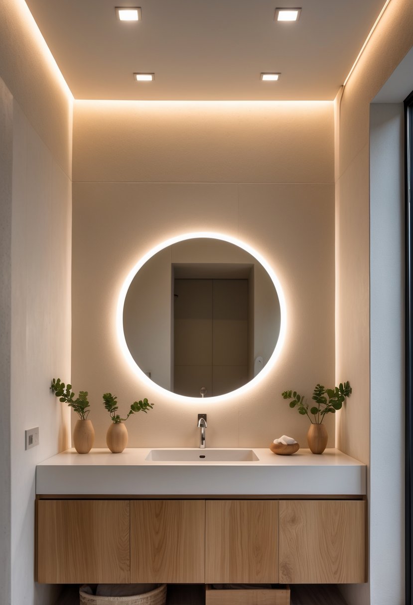 A modern bathroom with recessed ceiling lights softly illuminating a wooden vanity, round mirror, and green plants.