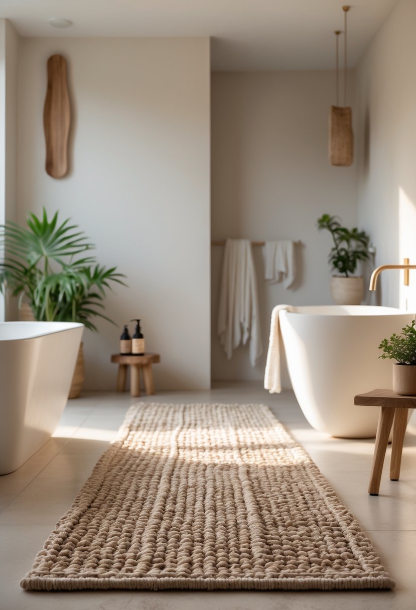 A bathroom with a freestanding bathtub, wooden stool, potted plants, and textured natural fiber rugs on the floor.