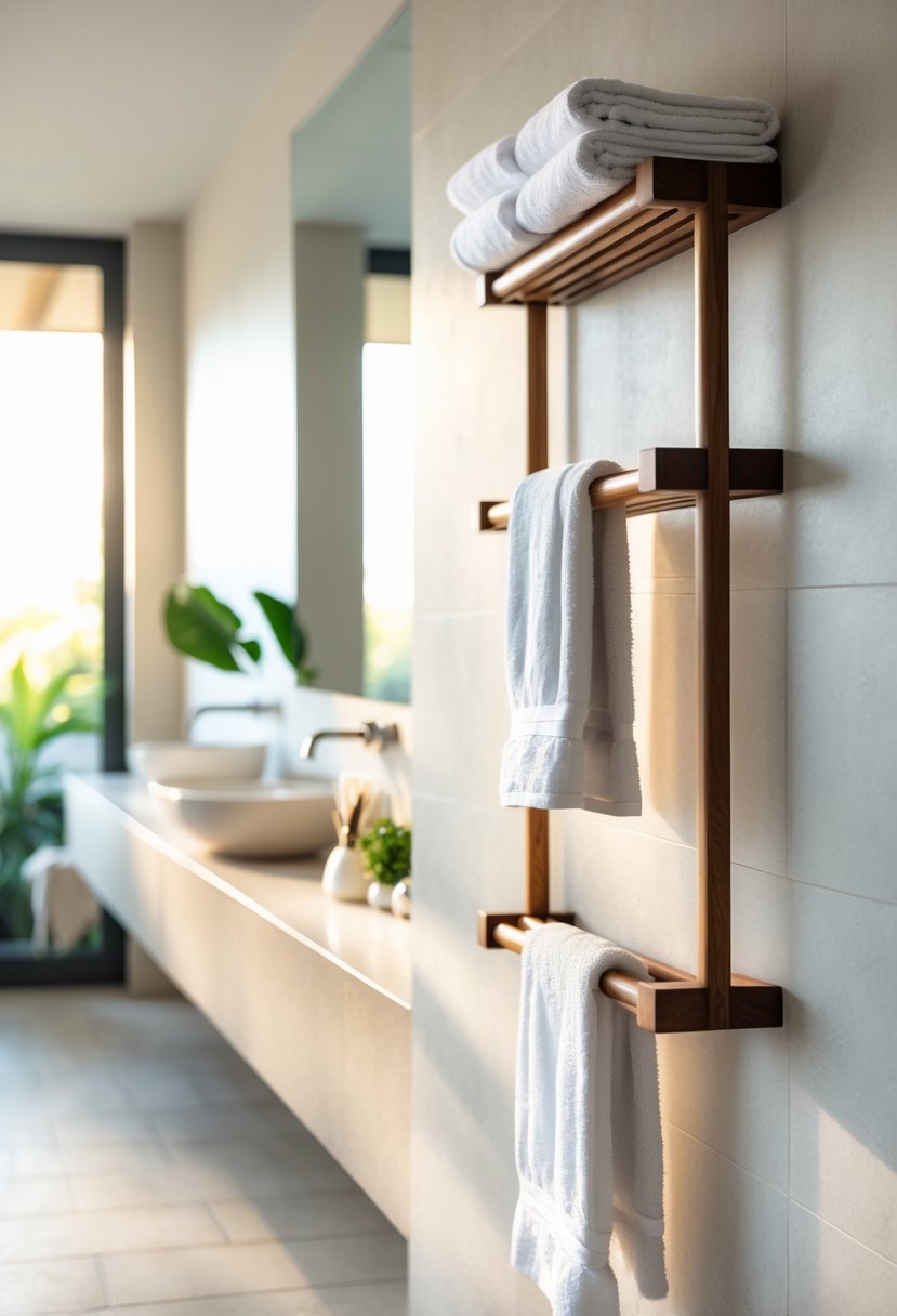 A bathroom wall with wooden towel racks holding white towels, illuminated by natural light.