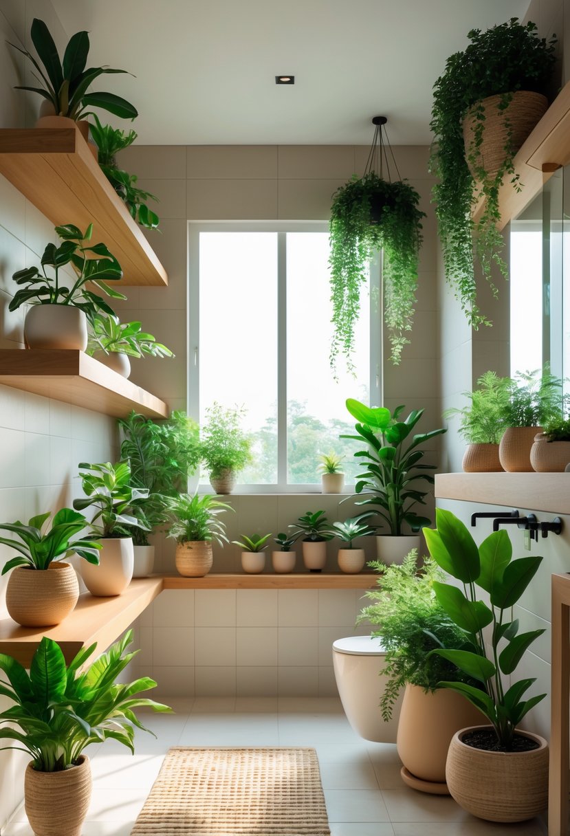 A modern bathroom with multiple indoor plants arranged on shelves, floor, and window sills, creating a fresh and natural atmosphere.