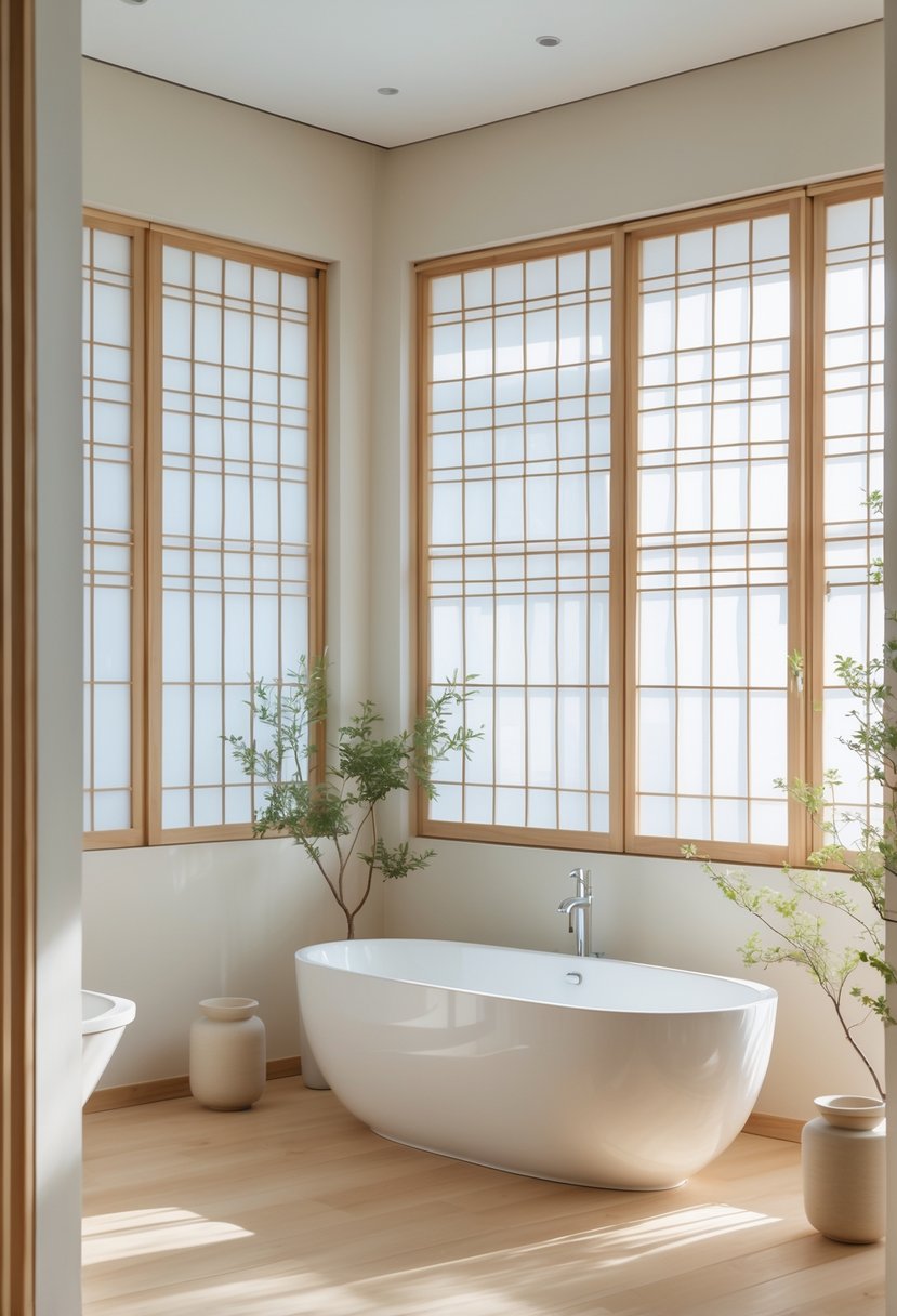 A bright bathroom with a freestanding bathtub near large windows covered by wooden frame window treatments, natural wood flooring, and green plants.