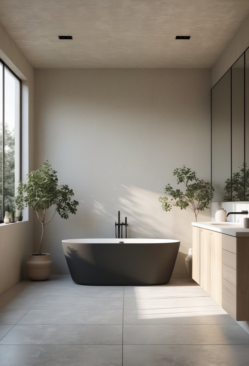 A bright bathroom with large concrete tile flooring, a freestanding bathtub, wooden cabinets, and plants.