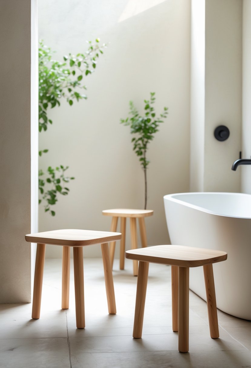 A bright bathroom with simple wooden stools placed near a bathtub and some green plants.