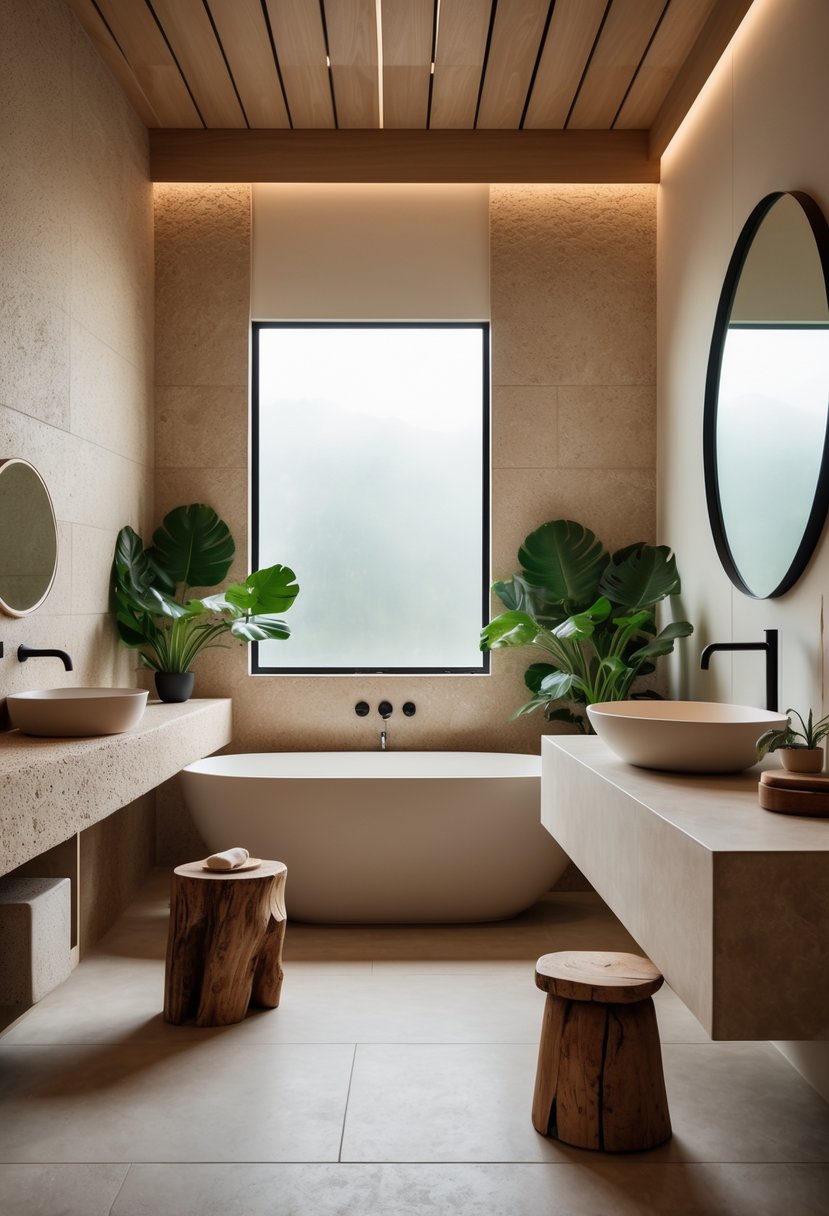 A modern bathroom with a freestanding bathtub, wooden stool, stone countertop, textured wall tiles, and green plants illuminated by natural light.