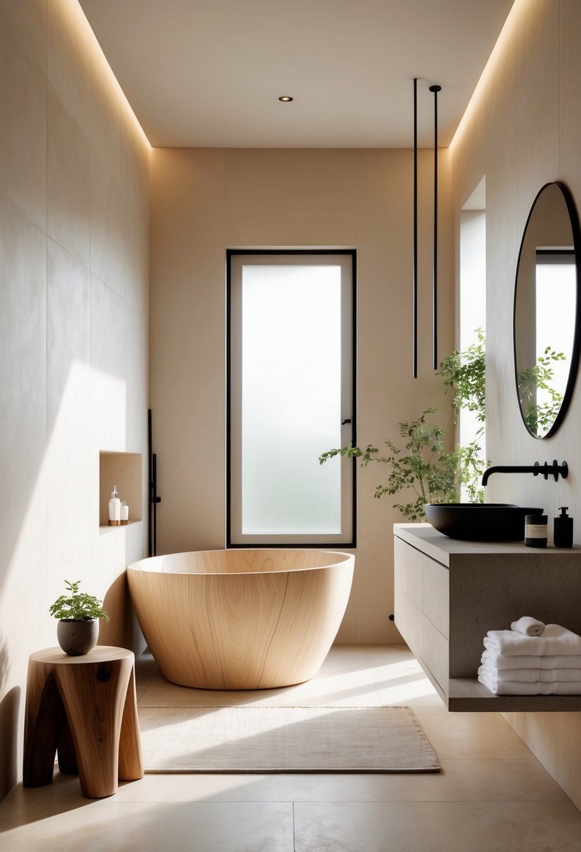 A clean and calm bathroom with a wooden bathtub, black fixtures, a round mirror, and natural light coming through a window.