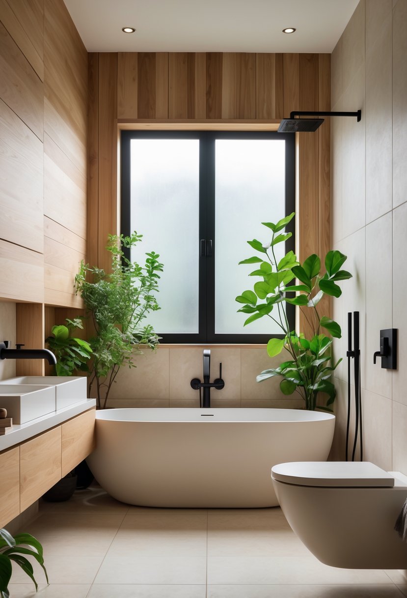 A modern bathroom with a freestanding bathtub, plants, and natural light creating a calm and inviting atmosphere.