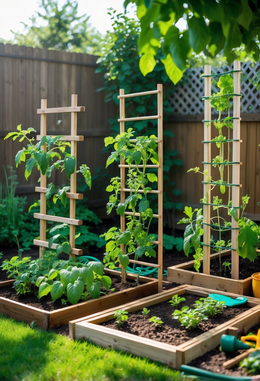 5 DIY Garden Trellis Projects Anyone Can Try: Simple & Creative Ideas 3 A backyard garden with five different DIY garden trellises supporting climbing plants and vegetables, surrounded by gardening tools and greenery.