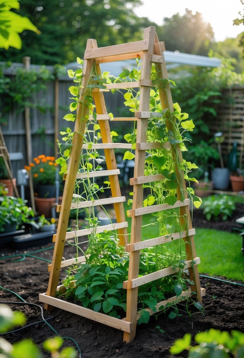 5 DIY Garden Trellis Projects Anyone Can Try: Simple & Creative Ideas 5 A wooden A-frame garden trellis with climbing plants in a sunny backyard garden surrounded by flowers and gardening tools.