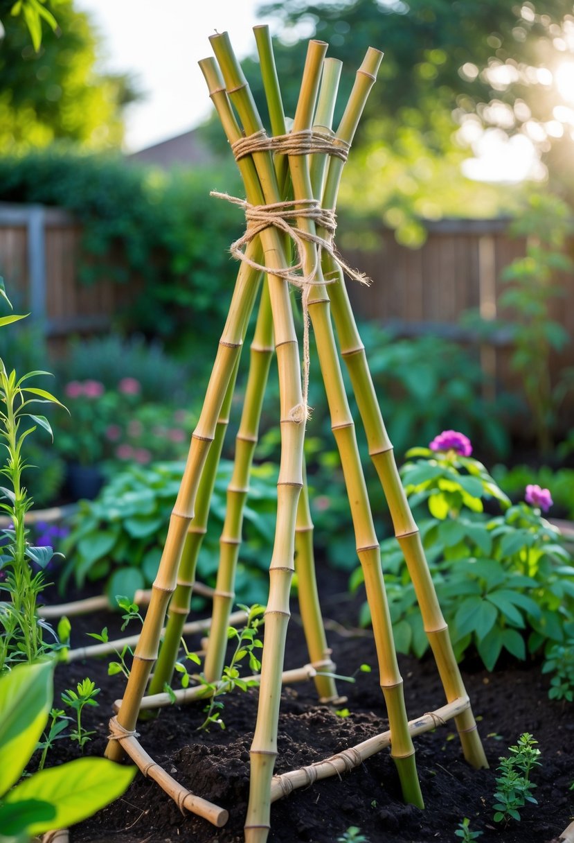 5 DIY Garden Trellis Projects Anyone Can Try: Simple & Creative Ideas 6 A bamboo and twine teepee trellis standing in a garden bed with green plants growing around it.