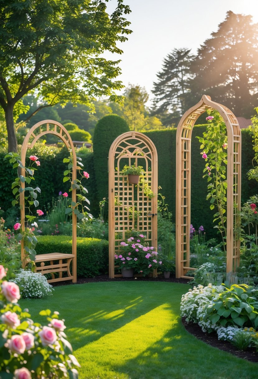 5 DIY Garden Trellis Projects Anyone Can Try: Simple & Creative Ideas 9 Five decorative and arched wooden garden trellises with climbing plants in a sunny garden surrounded by flowers and greenery.