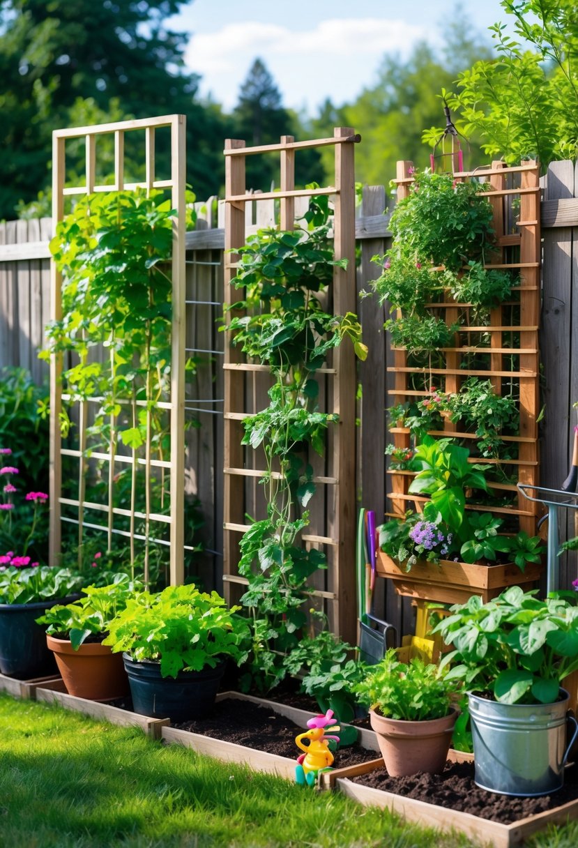 5 DIY Garden Trellis Projects Anyone Can Try: Simple & Creative Ideas 10 Five different DIY garden trellises supporting climbing plants in a sunny garden with gardening tools and decorative elements around.