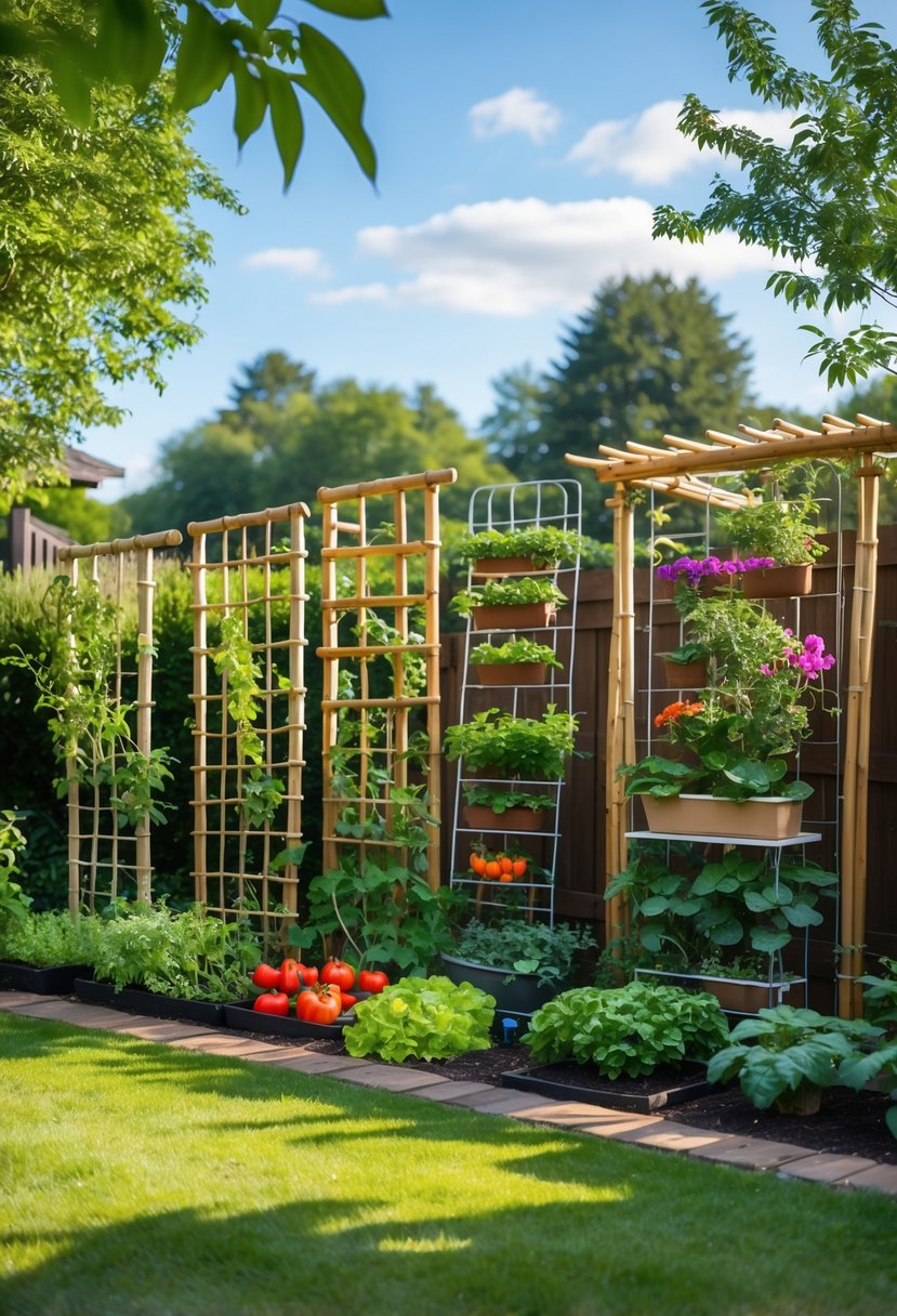 5 DIY Garden Trellis Projects Anyone Can Try: Simple & Creative Ideas 11 Five different garden trellises with climbing plants displayed in a sunny backyard garden.