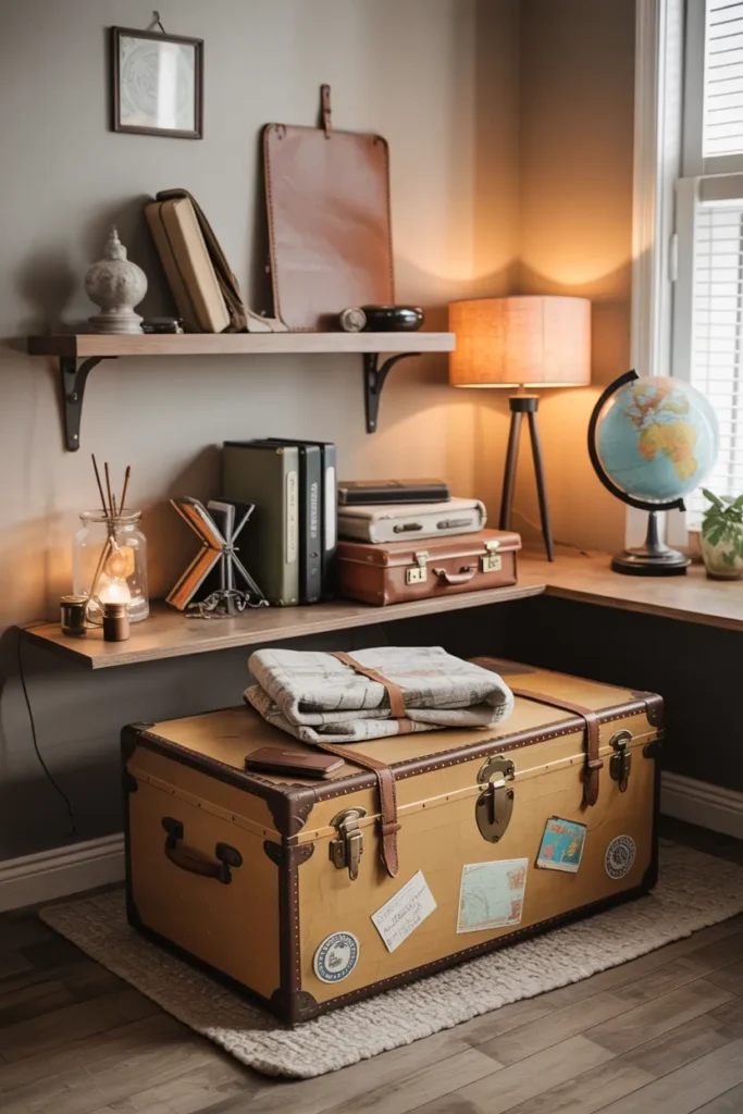 25 Vintage Home Office Ideas That Turn Work Into a Timeless Experience 11 A Trunk for Storage and Soul