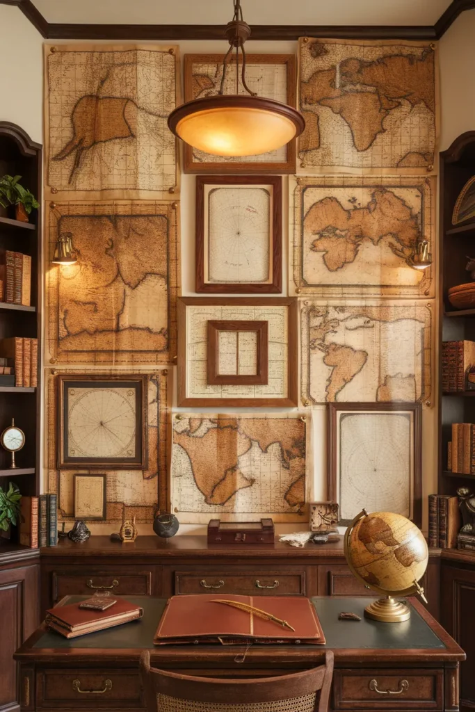 25 Vintage Home Office Ideas That Turn Work Into a Timeless Experience 4 A Wall Full of Vintage Maps