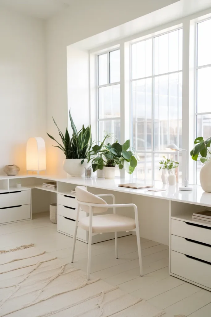 All White Workspace with Green Touches