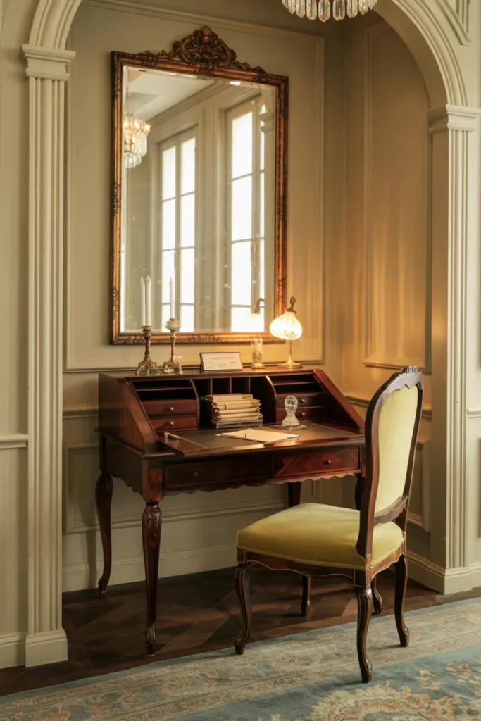 Antique Mirror Accent Workspace with Subtle Glow
