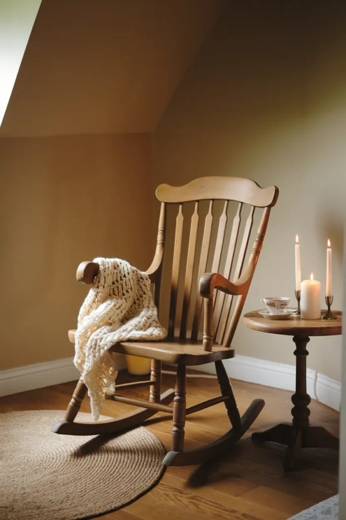 Antique Rocking Chair With Cozy Knitted Throw