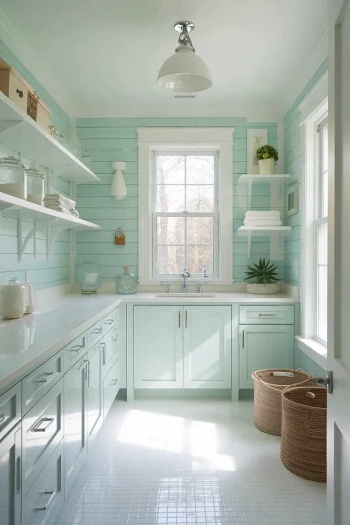 18 Blue Laundry Room Ideas That’ll Make You Fall in Love with Doing Laundry 12 Aqua Fresh Laundry with Bright White Trim