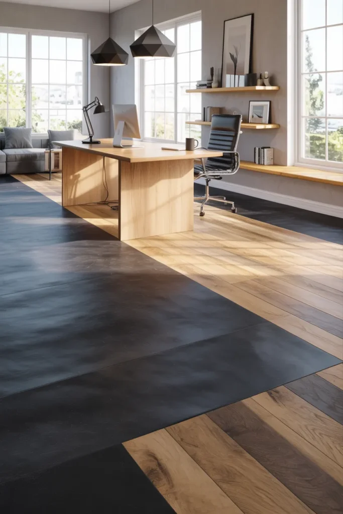 30 Modern Industrial Home Office Ideas That Redefine Style and Productivity 30 Black And Wood Dual-Tone Flooring