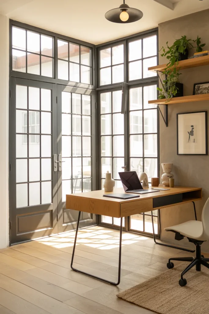 30 Modern Industrial Home Office Ideas That Redefine Style and Productivity 27 Black-Framed Windows With Natural Light Flow