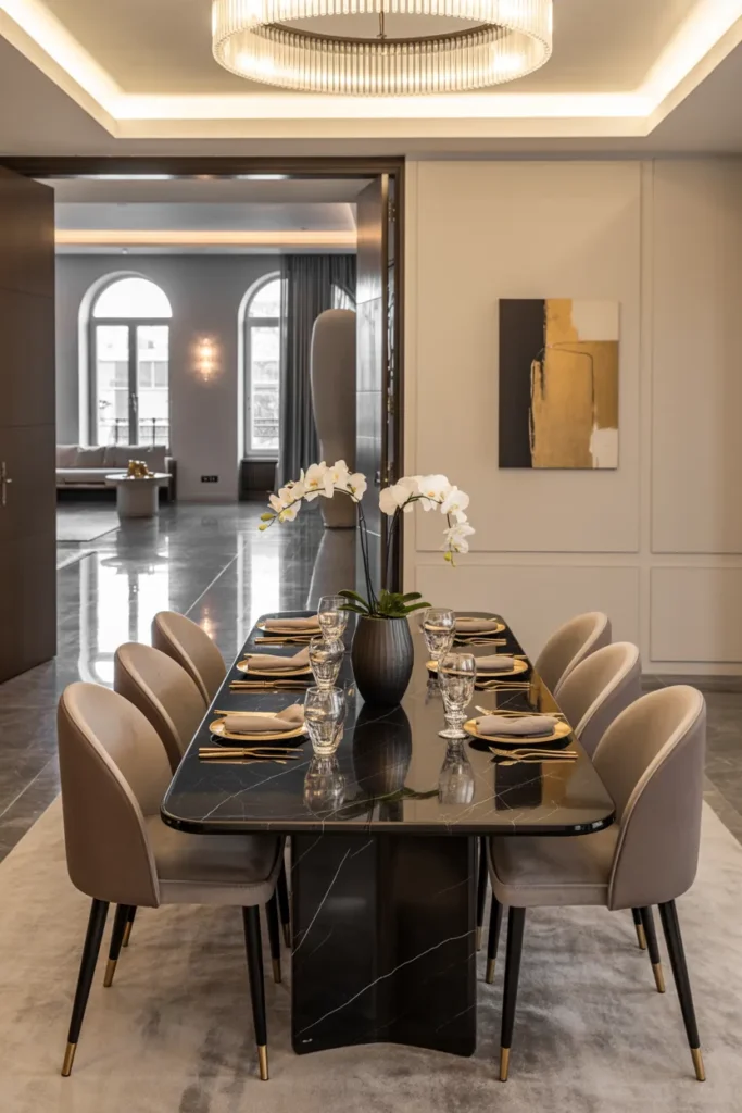 Black Marble Dining Table With Subtle Veins