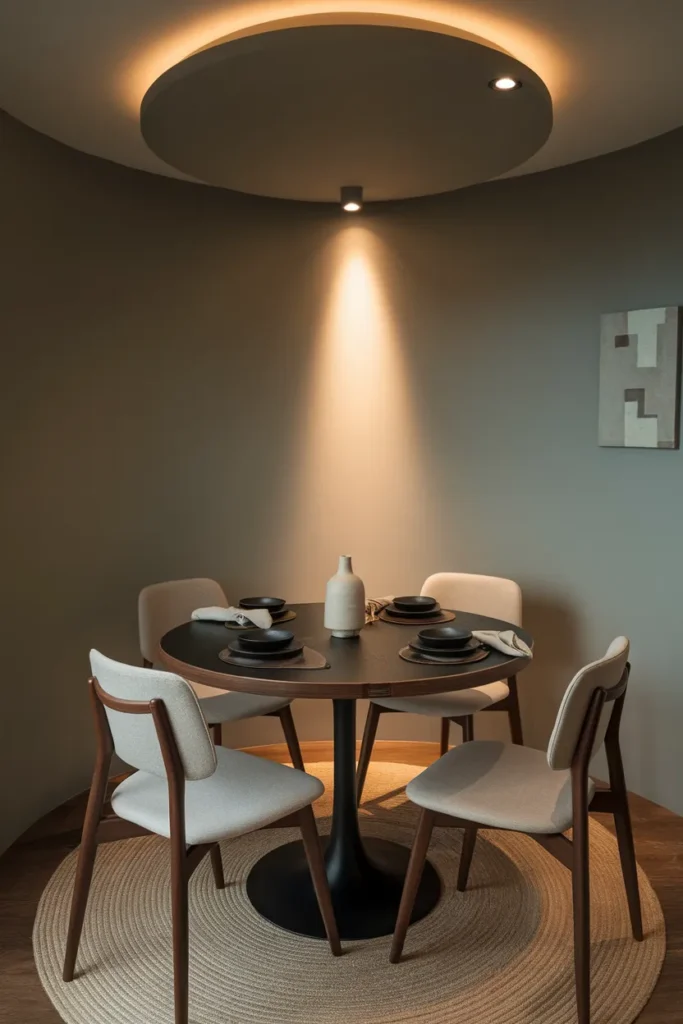 Black Round Dining Table with Walnut Accents