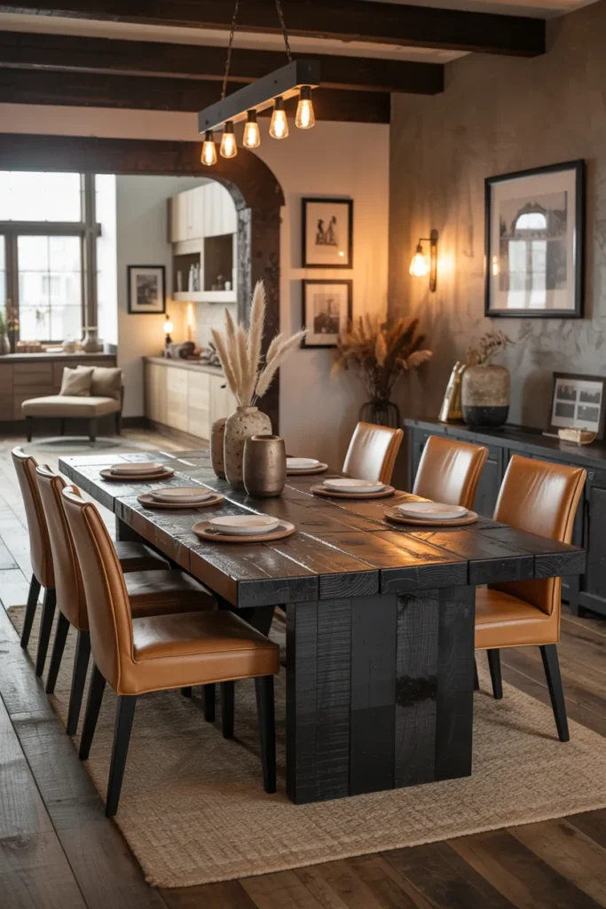 Black Wood Dining Table With Rustic Texture