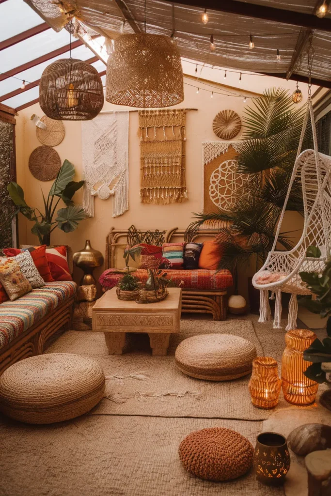 Bohemian Sunroom with Layered Textures and Global Accents