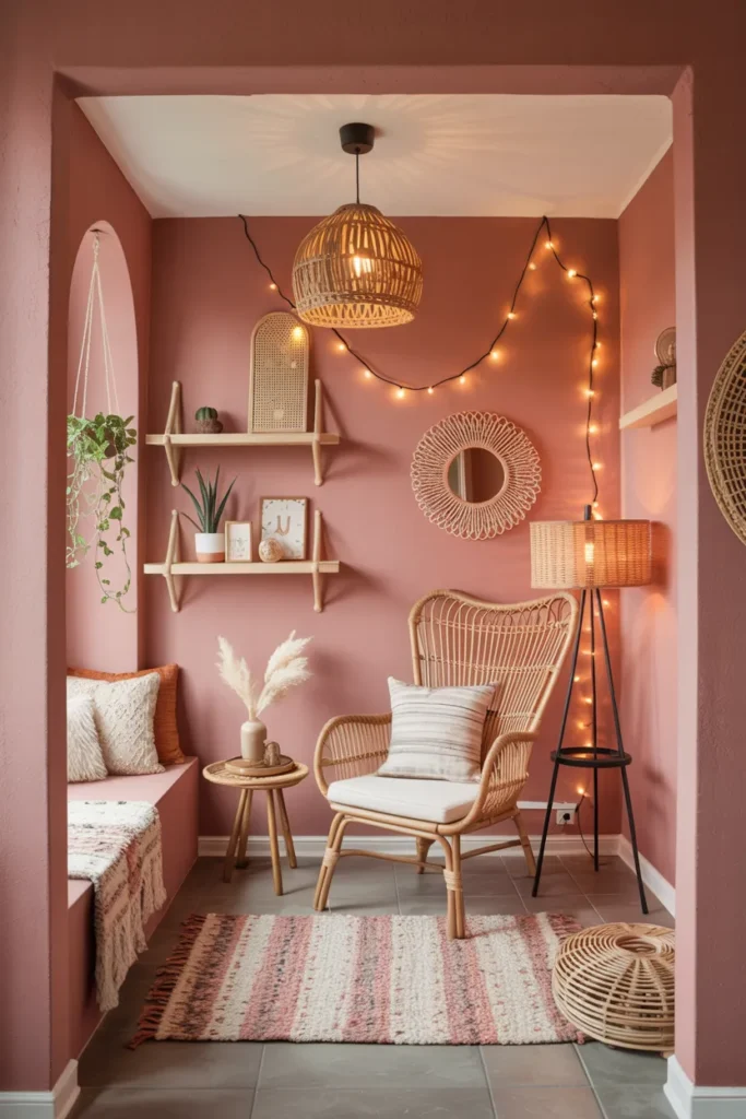 How to Decorate a Room With Pink Walls 5 Boho Chic Room with Pink Walls and Rattan Accents