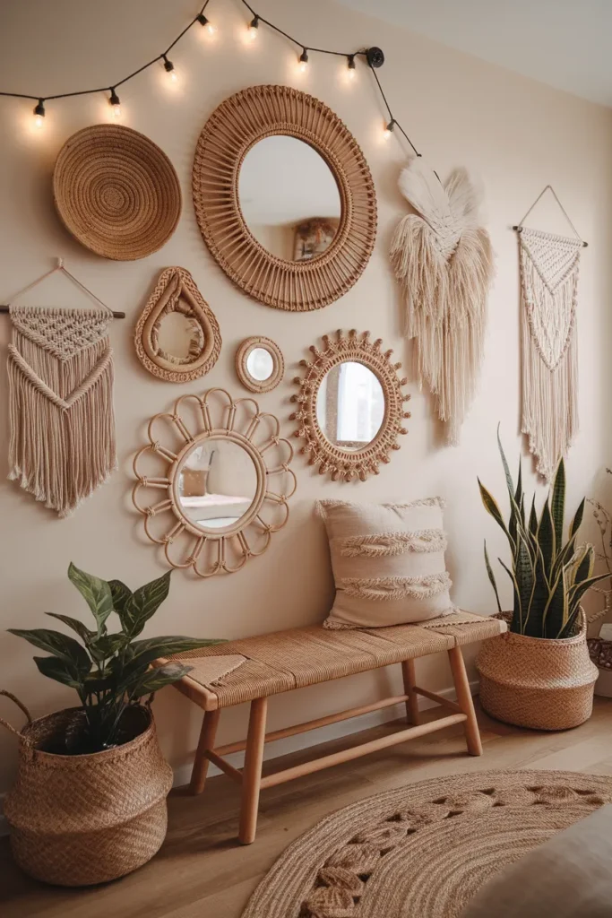 Boho Rattan Mirror Wall for Organic Warmth
