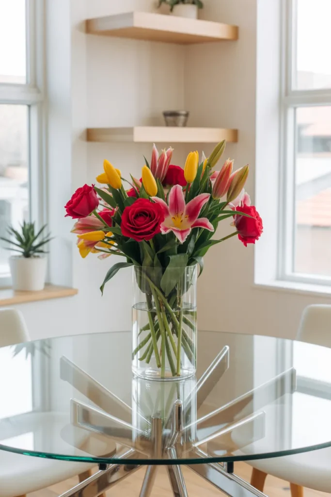 Glass Dining Table Decor Ideas That Transform Any Dining Room In Minutes 4 Bold Floral Arrangement With Natural Contrast