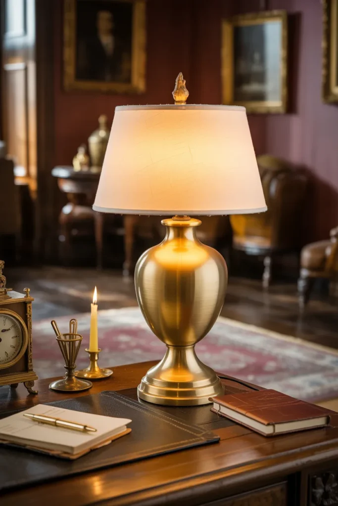 26 Victorian Home Office Ideas That Transform Any Workspace Into Pure Vintage Magic 10 Brass Table Lamp With Soft Warm Lighting