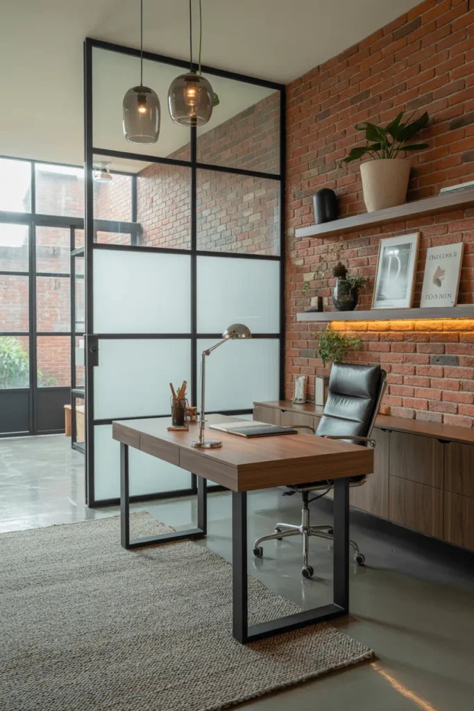 30 Modern Industrial Home Office Ideas That Redefine Style and Productivity 15 Brick And Glass Combination Wall