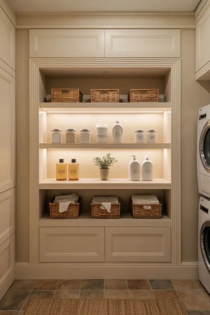 22 Laundry Room Shelving Ideas That Instantly Make Your Space Look Bigger 22 Built-In Alcove Shelving for a Custom Feel