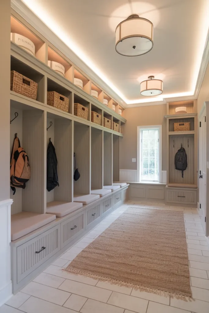 Built-In Mud Room Lockers with Overhead Shelves