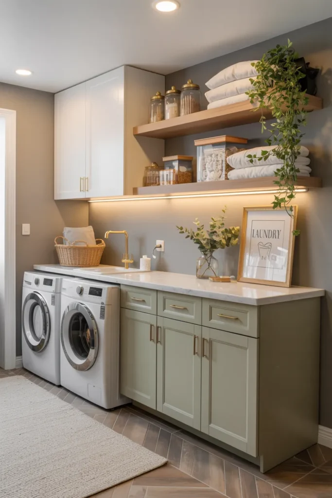 22 Laundry Room Shelving Ideas That Instantly Make Your Space Look Bigger 10 Cabinet and Shelf Combo for Extra Storage