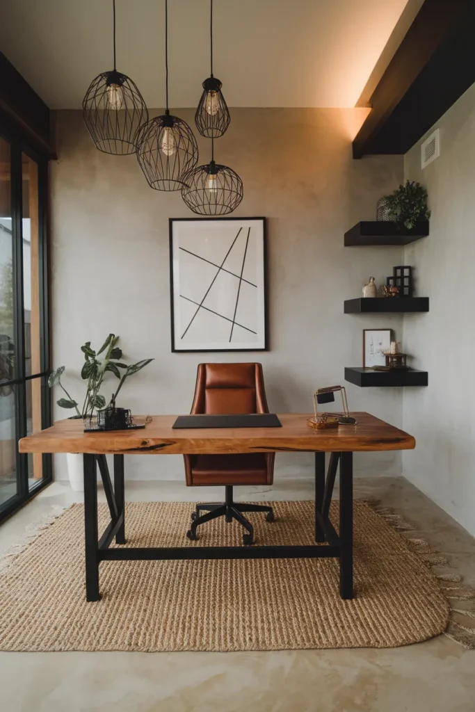 30 Modern Industrial Home Office Ideas That Redefine Style and Productivity 17 Caged Pendant Lights Above The Desk