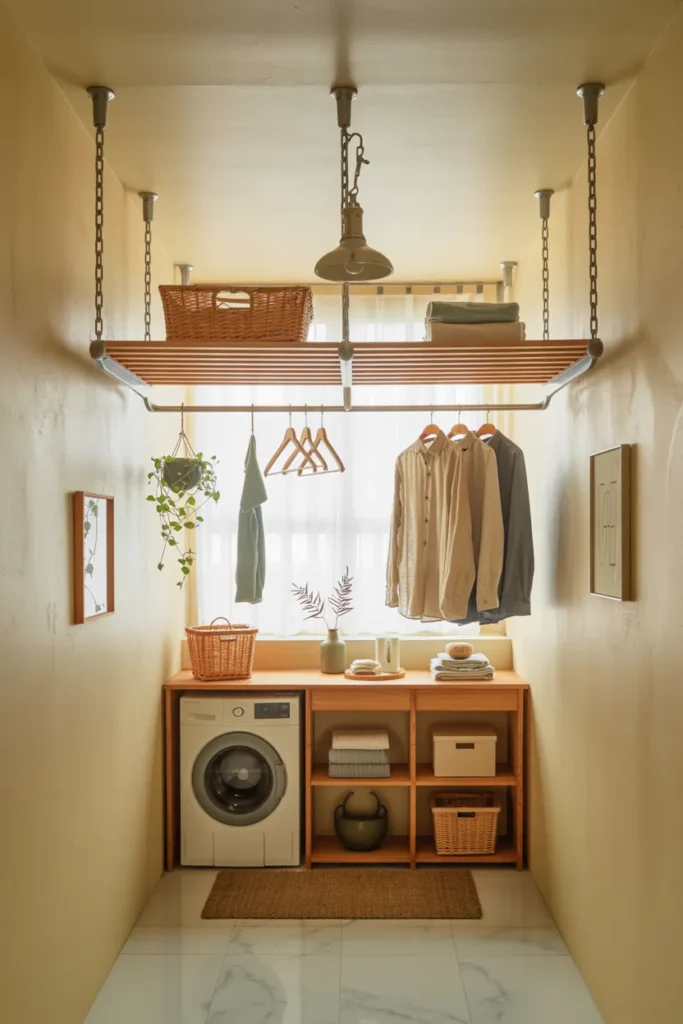 22 Laundry Room Shelving Ideas That Instantly Make Your Space Look Bigger 6 Ceiling-Mounted Drying Rack Shelves