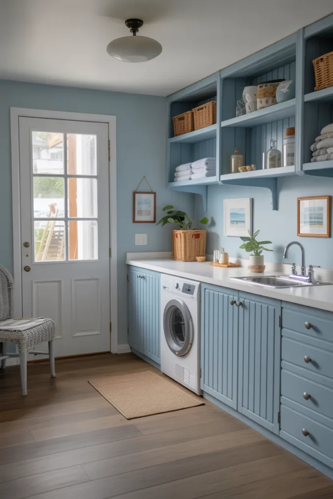 18 Blue Laundry Room Ideas That’ll Make You Fall in Love with Doing Laundry 7 Coastal Cottage Blue with Open Shelving