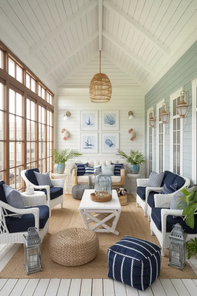 Coastal Cottage Sunroom with Nautical Charm and Breezy Vibes