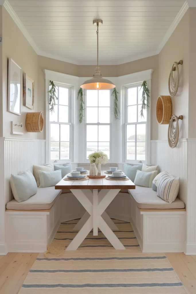 30 Coastal Dining Room Ideas That Bring the Beach Straight Into Your Home 28 Coastal Dining Nook With Built-In Seating