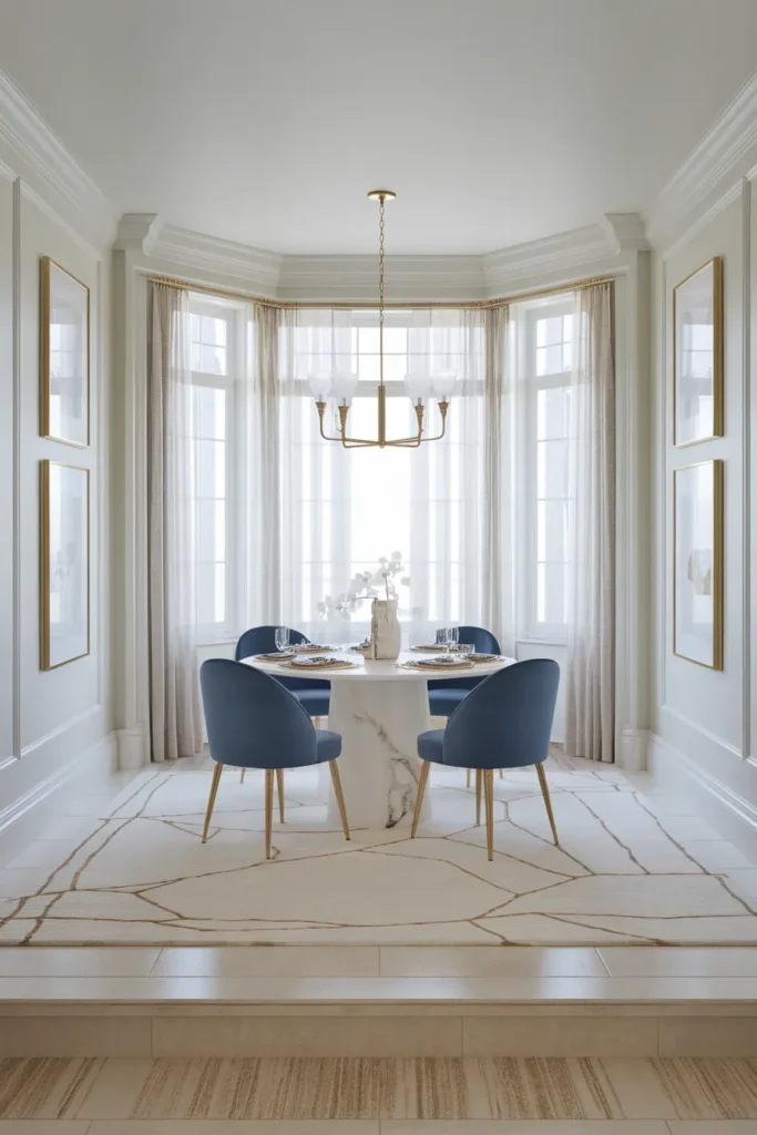 30 Coastal Dining Room Ideas That Bring the Beach Straight Into Your Home 9 Coastal Glam With Soft Gold And Ocean Blue