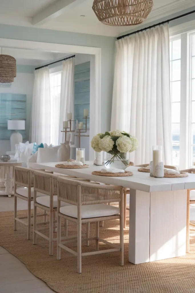 Coastal Luxury Dining Room with Soft Blues and Whites