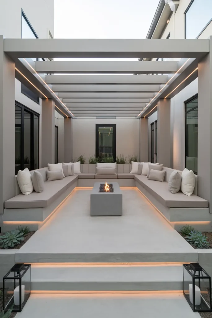 23 Modern Pergola Ideas That Instantly Upgrade Your Outdoor Living Space 6 Concrete Base Pergola with Built-In Seating