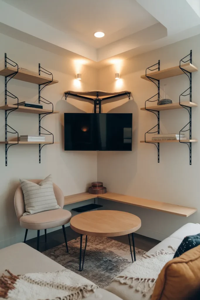Cozy Corner Setup with Floating Shelves