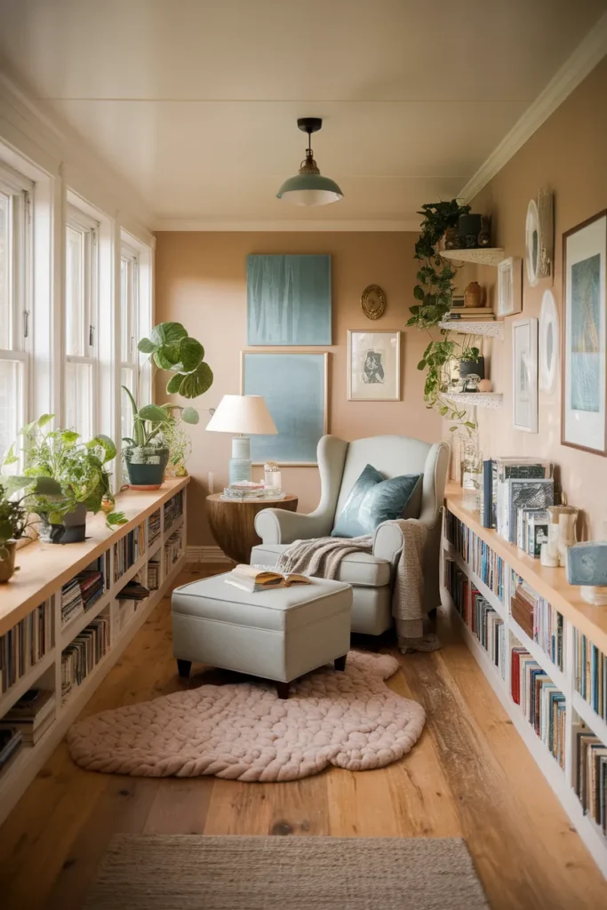 Cozy Reading Nook Sunroom with Built-In Shelves